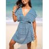 CUPSHE Women’s Swim Cover Up Dress V Neck Textured Striped Short Sleeve Cover Ups Casual Beach Summer(Baby Blue)
