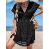 CUPSHE Women’s Swim Cover Up Dress V Neck Textured Striped Short Sleeve Cover Ups Casual Beach Summer(Black)