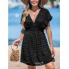 CUPSHE Women’s Swim Cover Up Dress V Neck Textured Striped Short Sleeve Cover Ups Casual Beach Summer(Black)