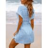 CUPSHE Women’s Swim Cover Up Dress V Neck Textured Striped Short Sleeve Cover Ups Casual Beach Summer(Blue)