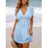 CUPSHE Women’s Swim Cover Up Dress V Neck Textured Striped Short Sleeve Cover Ups Casual Beach Summer(Blue)