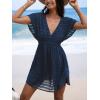 CUPSHE Women’s Swim Cover Up Dress V Neck Textured Striped Short Sleeve Cover Ups Casual Beach Summer(Dark Blue)