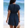 CUPSHE Women’s Swim Cover Up Dress V Neck Textured Striped Short Sleeve Cover Ups Casual Beach Summer(Dark Blue)