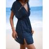 CUPSHE Women’s Swim Cover Up Dress V Neck Textured Striped Short Sleeve Cover Ups Casual Beach Summer(Dark Blue)