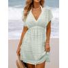 CUPSHE Women’s Swim Cover Up Dress V Neck Textured Striped Short Sleeve Cover Ups Casual Beach Summer(Sage Green)