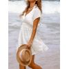 CUPSHE Women’s Swim Cover Up Dress V Neck Textured Striped Short Sleeve Cover Ups Casual Beach Summer(White)