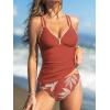CUPSHE Women’s Tankini Set Two Piece Bathing Suit Tummy Control Crisscross Back Tie Mid Rise Shell Stitched(Brick Red/Tropical)