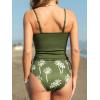 CUPSHE Women’s Tankini Set Two Piece Swimsuit Ruched Drawstring Bathing Suits with High Waisted Bottom Rib(Olive Green/Coconut Tree)