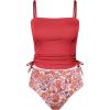 CUPSHE Women’s Tankini Set Two Piece Swimsuit Ruched Drawstring Bathing Suits with High Waisted Bottom Rib(Red Floral)
