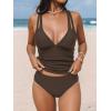 CUPSHE Women’s Tankini Set V Neck Crisscross Adjustable Straps Cutout Two Piece Swimsuit Mid Rise Ruched(Dark Brown)