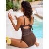 CUPSHE Women’s Tankini Sets Deep V Neck Two Piece Drawstring Self Tie Adjustable Straps Shiny Cutout Bathing Suits(Chocolate Brown)