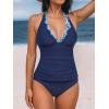 CUPSHE Women’s Tankini Sets Halter V Neck Two Piece Bathing Suits Adjustable Straps Mid Rise Swimwear(Navy Blue)