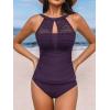 CUPSHE Women’s Tankini Sets High Neck Mesh Cutouts Two Piece Bathing Suits Adjustable Straps Mid Rise Swimwear(Deep Purple)