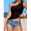 CUPSHE Women’s Tankini Sets One Shoulder Scalloped Neck Two Piece Bathing Suit Side Tie Ruched Swimsuit(Black/Floral)