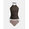 CUPSHE Women’s Tankini Sets Two Piece Swimsuit High Neck Halter Mid Rise Adjustable Drawstrings(Chocolate Brown/White Floal)