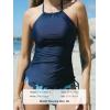 CUPSHE Women’s Tankini Sets Two Piece Swimsuit High Neck Halter Mid Rise Adjustable Drawstrings(Navy Blue/Paisley)