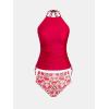 CUPSHE Women’s Tankini Sets Two Piece Swimsuit High Neck Halter Mid Rise Adjustable Drawstrings(True Red/Floral)