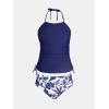 CUPSHE Women’s Tankini Sets Two Piece Swimsuit High Neck Halter Mid Rise Adjustable Drawstrings(White/Navy Blue Floral)