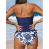 CUPSHE Women’s Tankini Sets Two Piece Swimsuit High Neck Halter Mid Rise Adjustable Drawstrings(White/Navy Blue Floral)