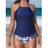 CUPSHE Women’s Tankini Sets Two Piece Swimsuit High Neck Halter Mid Rise Adjustable Drawstrings(White/Navy Blue Floral)