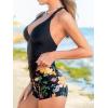 CUPSHE Women’s Tankini Sets Two Piece Swimsuit High Waisted Halter V Neck Bathing Suit Adjustable Straps Shorts(Black/Orange Floral)