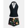 CUPSHE Women’s Tankini Sets Two Piece Swimsuit High Waisted Halter V Neck Bathing Suit Adjustable Straps Shorts(Black/Orange Floral)