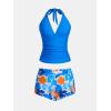 CUPSHE Women’s Tankini Sets Two Piece Swimsuit High Waisted Halter V Neck Bathing Suit Adjustable Straps Shorts(Royal Blue/Orange Floral)