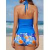 CUPSHE Women’s Tankini Sets Two Piece Swimsuit High Waisted Halter V Neck Bathing Suit Adjustable Straps Shorts(Royal Blue/Orange Floral)