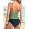 CUPSHE Women’s Tankini Sets Two Piece Swimsuit Scoop Neck Ruched Adjustable Straps Drawstring Mid Rise(Dark Green/Black)