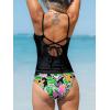 CUPSHE Women’s Tankini Sets Two Piece Swimsuit Scoop Neck Self Tied Crisscross Bathing Suit Ruched Tummy Mid Rise(Black Floral)