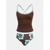 CUPSHE Women’s Tankini Sets Two Piece Swimsuit Tummy Control Bathing Suit Mid Rise Crossback Tie Stitching(Brown/Floral)