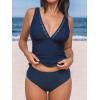CUPSHE Women’s Tankini Sets V Neck Mesh Scalloped Two Piece Bathing Suits Adjustable Straps Mid Rise Swimwear(Navy Blue)