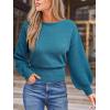 CUPSHE Women’s Trendy Knit Sweater 2025 Boatneck Puffy Sleeves Cinched Waist Pullover Tops Fall Fashion Casual Blouse(Blue)