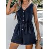 CUPSHE Women’s V Neck Belted Button Romper Sleeveless Short Jumpsuit Rolled Pants Outfit(Navy)