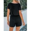 CUPSHE Women’s V Neck Boat Neck Romper Short Sleeve Drawstring Waist Pockets Knit Mini Jumpsuit One Piece Outfit(Black)