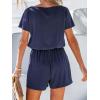 CUPSHE Women’s V Neck Boat Neck Romper Short Sleeve Drawstring Waist Pockets Knit Mini Jumpsuit One Piece Outfit(Navy)