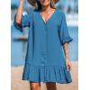 CUPSHE Women’s V Neck Ruffled Cover Up Button Down Bathing Suit Beach Dress with Short Sleeves(Dark Blue)