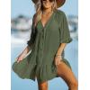 CUPSHE Women’s V Neck Ruffled Cover Up Button Down Bathing Suit Beach Dress with Short Sleeves(Dark Green)