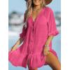 CUPSHE Women’s V Neck Ruffled Cover Up Button Down Bathing Suit Beach Dress with Short Sleeves(Fuchsia)