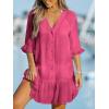 CUPSHE Women’s V Neck Ruffled Cover Up Button Down Bathing Suit Beach Dress with Short Sleeves(Fuchsia)