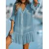 CUPSHE Women’s V Neck Ruffled Cover Up Button Down Bathing Suit Beach Dress with Short Sleeves(Light Blue)