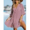 CUPSHE Women’s V Neck Ruffled Cover Up Button Down Bathing Suit Beach Dress with Short Sleeves(Pink)