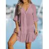 CUPSHE Women’s V Neck Ruffled Cover Up Button Down Bathing Suit Beach Dress with Short Sleeves(Pink)