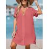 CUPSHE Women’s V Neck Ruffled Cover Up Button Down Bathing Suit Beach Dress with Short Sleeves(Red-pink)