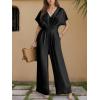 CUPSHE Womens Wide Leg Jumpsuits V-Neck Batwing Short Sleeve Summer Long Rompe Casual Outfit Pocket(Black)