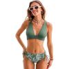 CUPSHE Bikini Set for Women Two Piece Swimsuit V Neck Triangle Top Wide Straps Cross Back Lace up Mid Rise(Eucalyptus Green/White Floral)