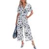 CUPSHE Jumpsuits for Women Dressy Belted Floral Print Overalls V Neck Shorts Sleeves Wide Leg Rompers Vacation Outfits(Black)