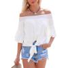 CUPSHE Off Shoulder Tops for Women Casual 3/4 Flared Sleeve Tie Front Smocked Blouse Beach Vacation Cover Up Trendy 2025(White)