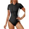 CUPSHE One Piece Swimsuit for Women Mock Neck Zipper Short Sleeve Bathing Suit(Black/White)