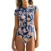 CUPSHE One Piece Swimsuit for Women Mock Neck Zipper Short Sleeve Bathing Suit(Navy/Golden Floral)